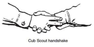 When you shake hands, use your right hand, Put the ﬁrst ﬁngers along the inside of. your friend's wrist~This means that you are brothers in Cub Scouting and that both of. you help other people and obey the Law of the Pack.